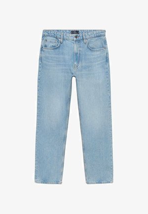 Helle blaue Denim Jeans mit geradem Schnitt, fünf Taschen, dezentem Verblassen und Stitching-Details; mit einem einzelnen Knopf und Reißverschluss.