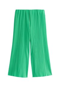 Zelené široké kalhoty z plisované látky. Mají elastick�ý pas a hladkou, lehkou texturu.