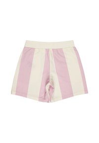 Shorts en coton présentant des rayures verticales alternantes rose clair et crème. Taille élastique avec texture lisse, coupe jusqu'aux genoux.