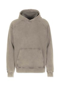Hoodie i dämpad grått tyg. Har en kangoorulomme, ribbade manschetter och en broderad logotyp på bröstet. Mjuk textur.