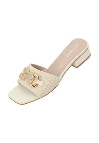 Beige Block-High-Heelsandalette mit quadratischer Zehenpartie, gewebtem Obermaterial und goldfarbener Kette über der Vorderseite. Entworfen mit offener Ferse.