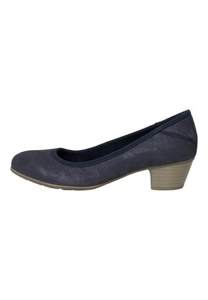 Chaussure femme bleu marine à talon bas, bout arrondi, dessus en tissu texturé, et talon bloc empilé beige.