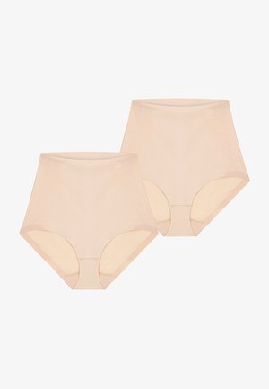 Ropa interior de talle alto en color nude, fabricada con tela suave, con diseño sin costuras, cintura elástica suave y aberturas de pierna redondeadas.