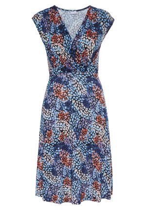 Wickelkleid mit kurzen Ärmelchen und V-Ausschnitt, mit einem mehrfarbigen abstrakten Punktmuster in Blau-, Lila-, Orange- und Weißtönen.