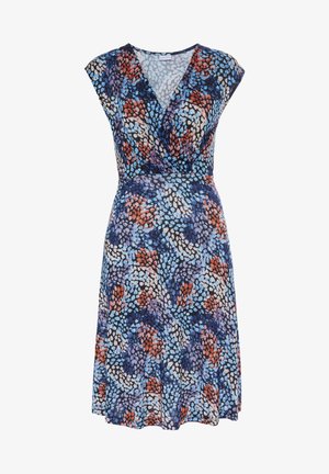 Vestido cruzado con mangas tipo capa y escote en V, con un patrón abstracto de puntos multicolores en tonos azul, púrpura, naranja y blanco.