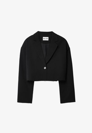 Blazer negro recortado con solapas, cierre de un solo botón y mangas anchas. Hecho de una tela suave con detalles de bordes sin terminar.