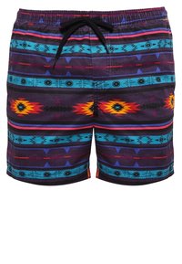 Bañador corto en una base púrpura con patrones geométricos multicolores en rojo, azul y amarillo. Cintura elástica con cordón negro.