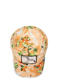 Orange camouflage baseball cap with floral patterns, featuring a patch with a seagull graphic and the text "OVER IT." Cotton material.