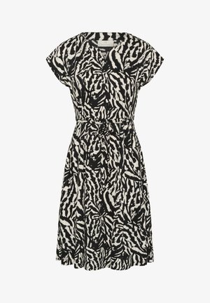 Sort-hvid zebra print kortærmet kjole med V-hals, snørelukning i taljen og knælængde svinget nederdel.