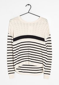 Lehkkawe sweter z dzianiny z otwartym wzorem na górze, w paski w czerni i kremie, z okrągłym dołem i luźnym krojem.