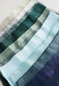 Dodici campioni di tessuto in diverse sfumature di verde, blu, grigio e beige, con un logo "NEXT" in rilievo su tutto il materiale.