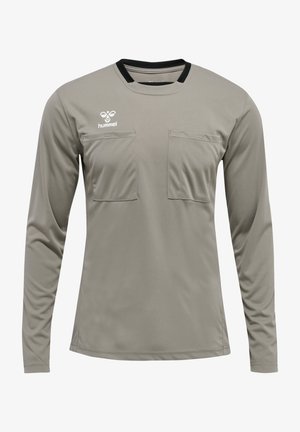 Långärmad skjorta i ljusgrå, med svart halsringning, två framfickor och en logotyp på övre vänstra delen. Slät, andningsbar tyg.