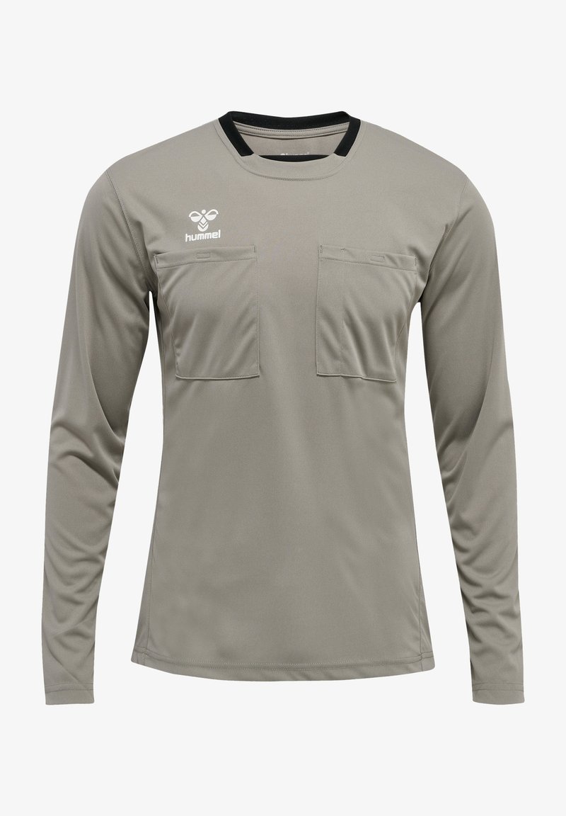 Camicia a maniche lunghe di colore grigio chiaro, con colletto nero, due tasche frontali e un logo sulla parte superiore sinistra. Tessuto liscio e traspirante.