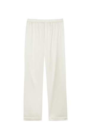 Witte, lichte broek met een elastische tailleband, taps toelopende broekspijpen en een gladde textuur. Geen zichtbare patronen of hardwaredetails.
