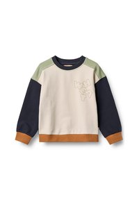 Felpa in beige, blu e verde. Caratterizzata da colletto rotondo, polsini e orlo a costine. Dettaglio del testo "WHEAT" in beige sul davanti. Texture morbida.