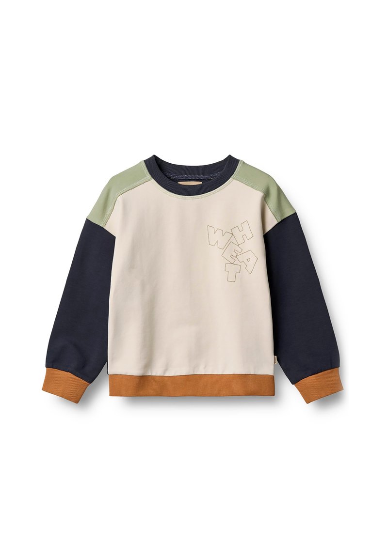 Felpa in beige, blu e verde. Caratterizzata da colletto rotondo, polsini e orlo a costine. Dettaglio del testo "WHEAT" in beige sul davanti. Texture morbida.