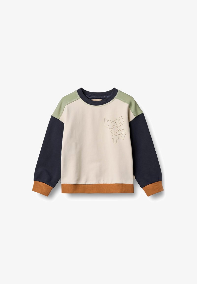 Felpa in beige, blu e verde. Caratterizzata da colletto rotondo, polsini e orlo a costine. Dettaglio del testo "WHEAT" in beige sul davanti. Texture morbida.