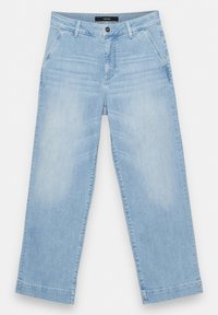 Světle modré džíny širokých nohavic z denimu se středně vysokým pasem, předními kapsami a zapínáním na knoflík. Hladká textura s jemnými vybledlými detaily.