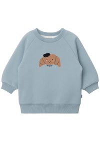 Blå sweatshirt med en avslappnad passform, prydd med en brun croissantgrafik med en svart basker och texten "Bonjour" nedanför. Mjuk, strukturerad tyg.