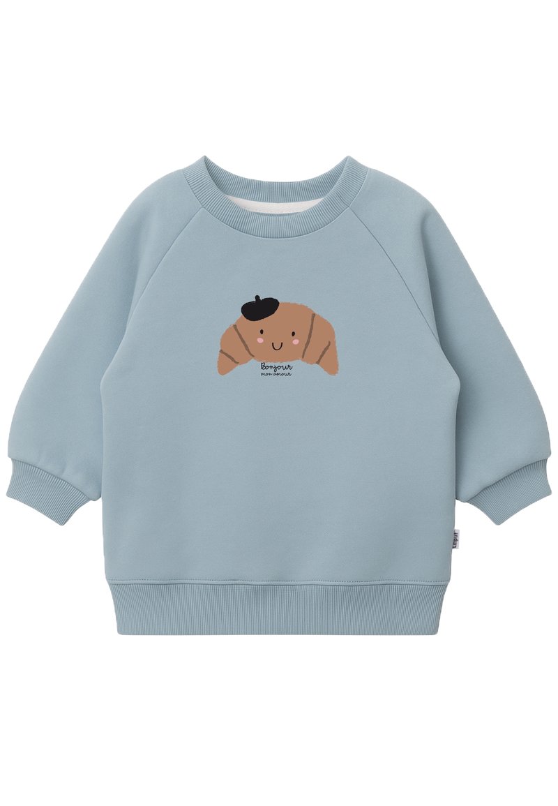 Blå sweatshirt med en avslappnad passform, prydd med en brun croissantgrafik med en svart basker och texten "Bonjour" nedanför. Mjuk, strukturerad tyg.