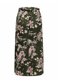 Falda floral de color verde oscuro con flores rosas y blancas, cinturilla elástica, hasta la rodilla, corte recto, tejido ligero.