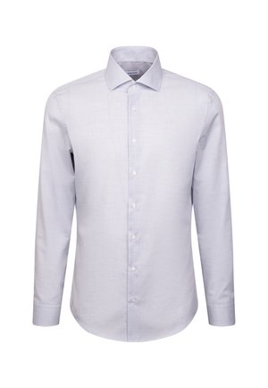 Camicia formale a maniche lunghe da uomo di colore grigio chiaro, con colletto all'italiana e un delicato motivo a quadretti.