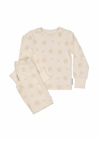 Vaaleancremevärinen pyjama-asuste, jossa on pehmeä kangas. Setti sisältää pitkähihaisen paidan, jossa on kukkakuosi, ja yhteensopivat housut, joissa on joustava vyötärö.
