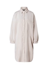 Hellbeiges Hemdblusenkleid mit Knopfleiste, Kragen, Seitentasche und leicht gepufften langen Ärmeln. Strukturierter Stoff mit senkrechten Streifen.