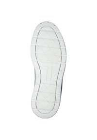 Suola di sneaker bianca in gomma con un motivo di presa testurizzato, caratterizzata da un design a rottura a diamante e un'area della punta liscia.