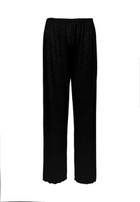 Schwarze, locker sitzende Hose mit elastischem Bund aus sanftem Stoff mit glatter Textur und gewellten Saumdetails an den Knöcheln.