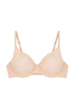 Reggiseno beige con ferretto, coppe sagomate, spalline regolabili e un piccolo dettaglio a charm dorato al centro davanti.