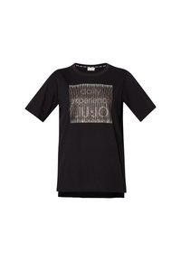 T-shirt nero a maniche corte con stampa grafica metallica al centro, caratterizzata da una finitura testurizzata e un collo rotondo.