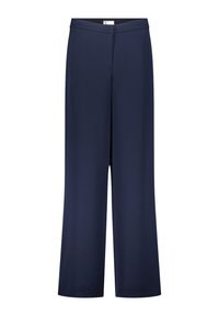 Pantalons larges bleu marine en tissu lisse, dotés d'une taille cintrée et d'un pli central pour un look structuré.