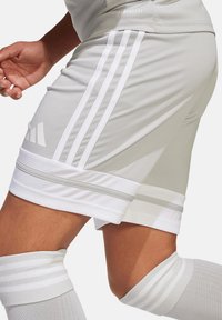 Shorts de sport gris avec des accents blancs et trois bandes blanches sur les côtés. Fabriqués à partir d'un matériau léger et évacuant l'humidité.