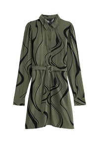 Vestido verde con cuello, mangas largas, patrón abstracto en espiral negra, cierre de botones en la parte delantera y un cinturón a juego con una hebilla circular.