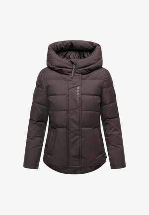 Giacca imbottita marrone con cappuccio, dotata di chiusura con zip, due tasche frontali e un logo discreto sul pannello frontale. Tessuto morbido, vestibilità su misura.