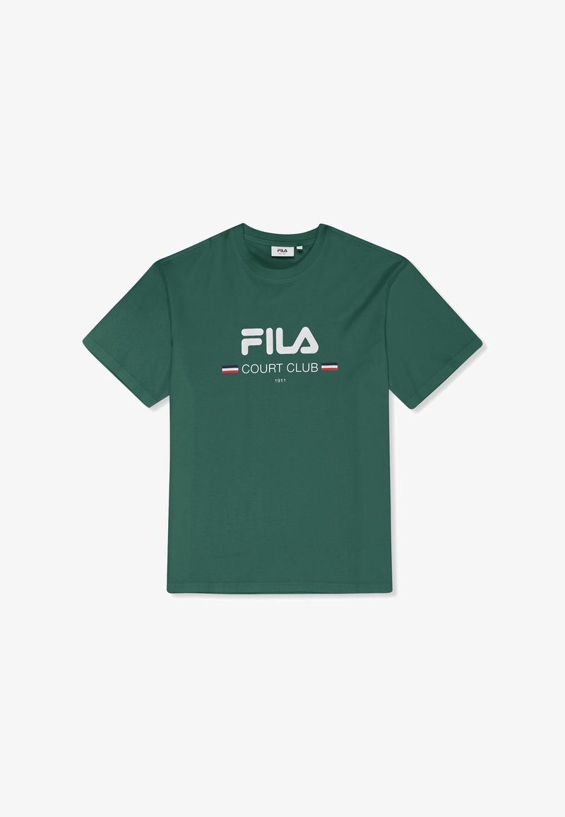 T-shirt vert à manches courtes avec col rond, logo "FILA" blanc et texte "COURT CLUB 1911" centré sur le devant.