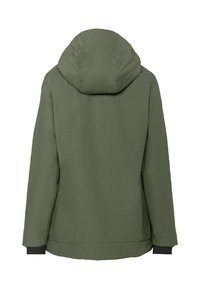 Giacca con cappuccio verde oliva, dal tessuto morbido, con cappuccio regolabile e dettagli neri ai polsini. Design semplice e funzionale, senza chiusure visibili.