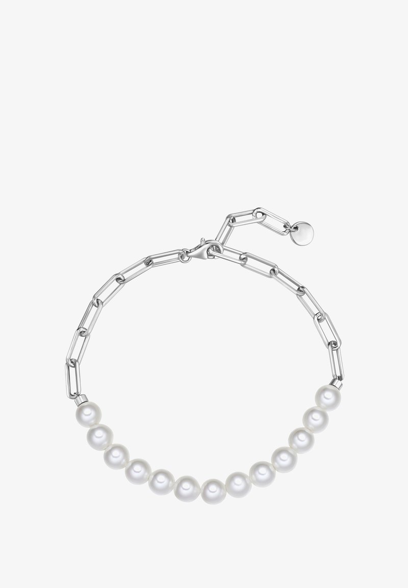 Hõbedane ahelripa, millel on ühtlaselt jaotatud valged pärlid, koos ümmarguste ja piklike linkidega, reguleeritava kinnitusega.