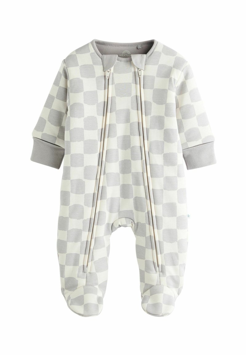 Grå og creme ternet jumpsuit lavet af blødt stof; har to frontlynlåse, lange ærmer og lukkede fødder for varme.