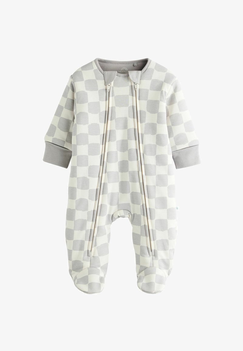 Grå og creme ternet jumpsuit lavet af blødt stof; har to frontlynlåse, lange ærmer og lukkede fødder for varme.
