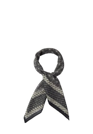 Pañuelo negro y crema con estampado geométrico, que presenta una textura suave y una forma drapeada. Acentuado con un borde contrastante.