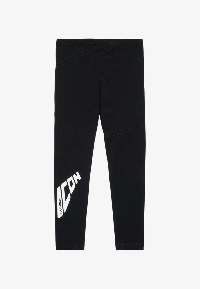 Leggings neri realizzati in tessuto elastico, con una stampa grafica bianca sulla gamba sinistra e design senza cuciture in vita e lungo le gambe.