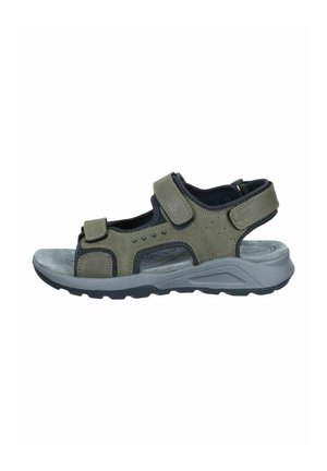 Olive green and gray open-toe sandal with two adjustable velcro straps and cushioned sole for outdoor use.