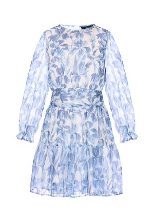 Abito blu con motivo floreale realizzato in tessuto trasparente, dotato di maniche lunghe, vita cintrata da una cintura e orlo a volant a strati.