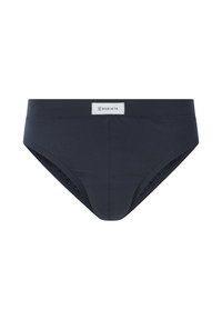 Marineblaue Baumwollunterhosen für Herren mit eng anliegender Passform. Sie verfügen über ein weißes Etikett am Bund, eine glatte Textur und eine klassische Briefform.