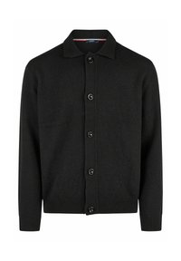 Zwarte cardigan van zacht stof, met een kraag, zes knopen aan de voorkant en geribbelde manchetten en zoom.