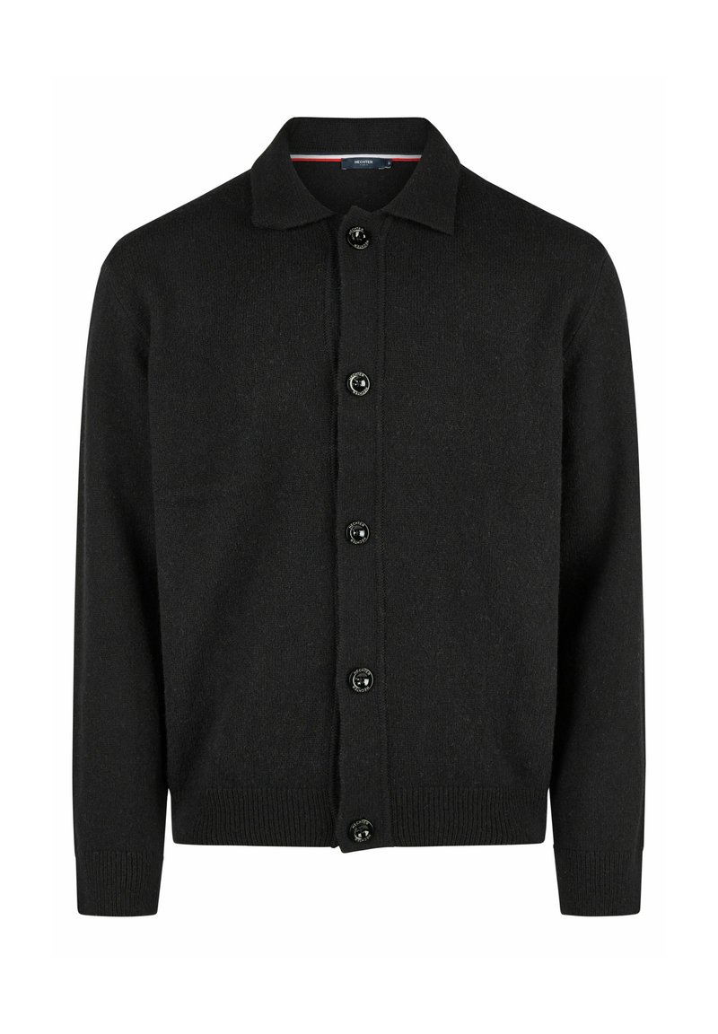 Zwarte cardigan van zacht stof, met een kraag, zes knopen aan de voorkant en geribbelde manchetten en zoom.