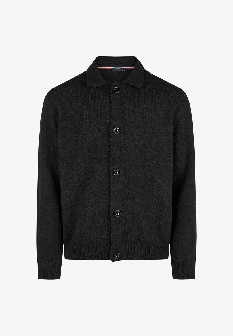 Zwarte cardigan van zacht stof, met een kraag, zes knopen aan de voorkant en geribbelde manchetten en zoom.