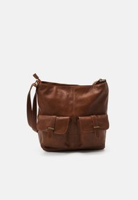 Brown leather shoulder bag with a smooth texture, featuring two front pockets with flap closures and a adjustable strap.